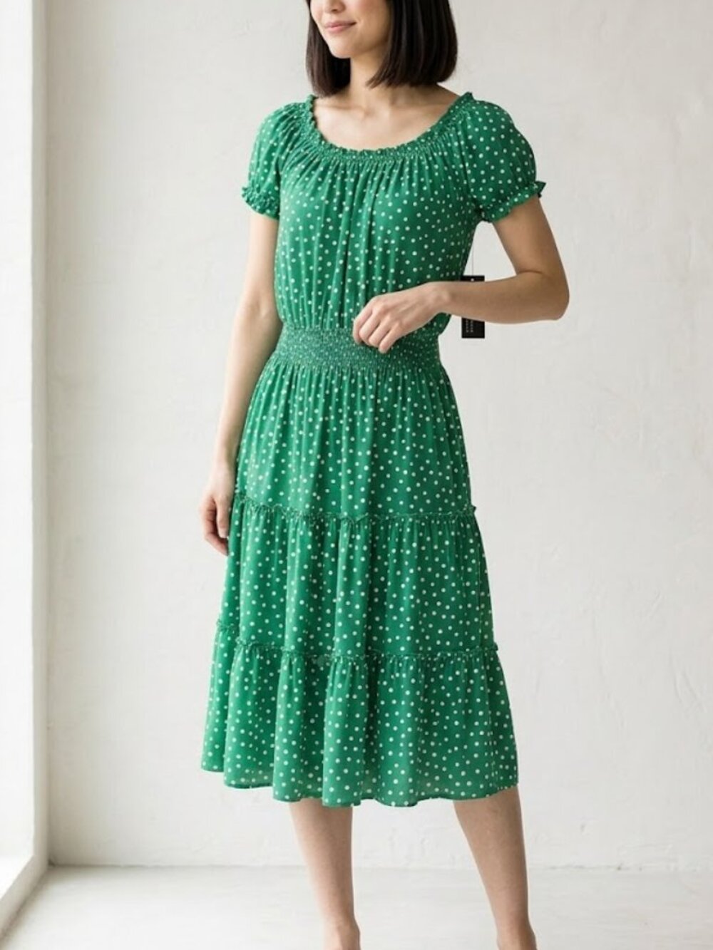 EnFocus Studio Green Polka Dot Tiered Midi Dress Smocked Waist Size 6